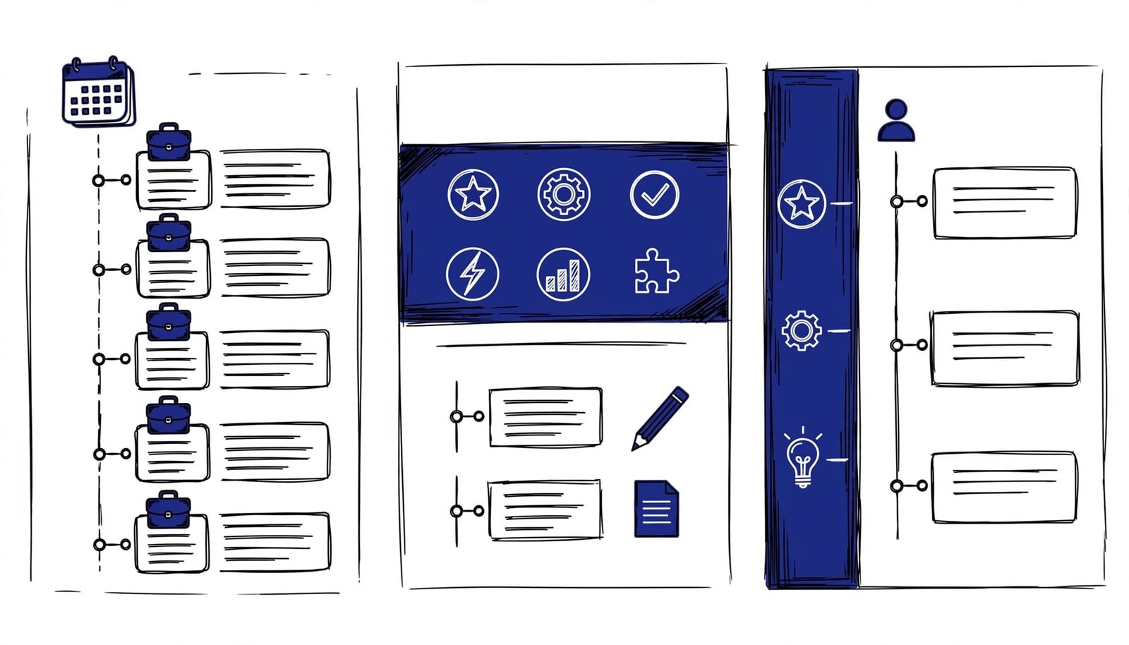 Three resume page layouts show different ways to arrange skills and work history.
