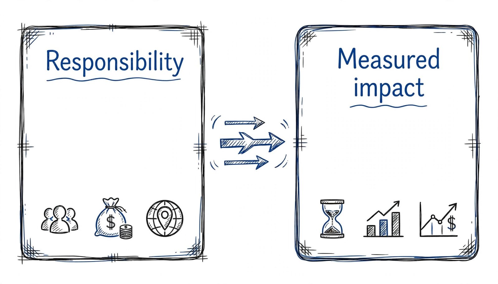 Two comparison panels show a responsibility statement becoming a measurable achievement with scope and scale icons.