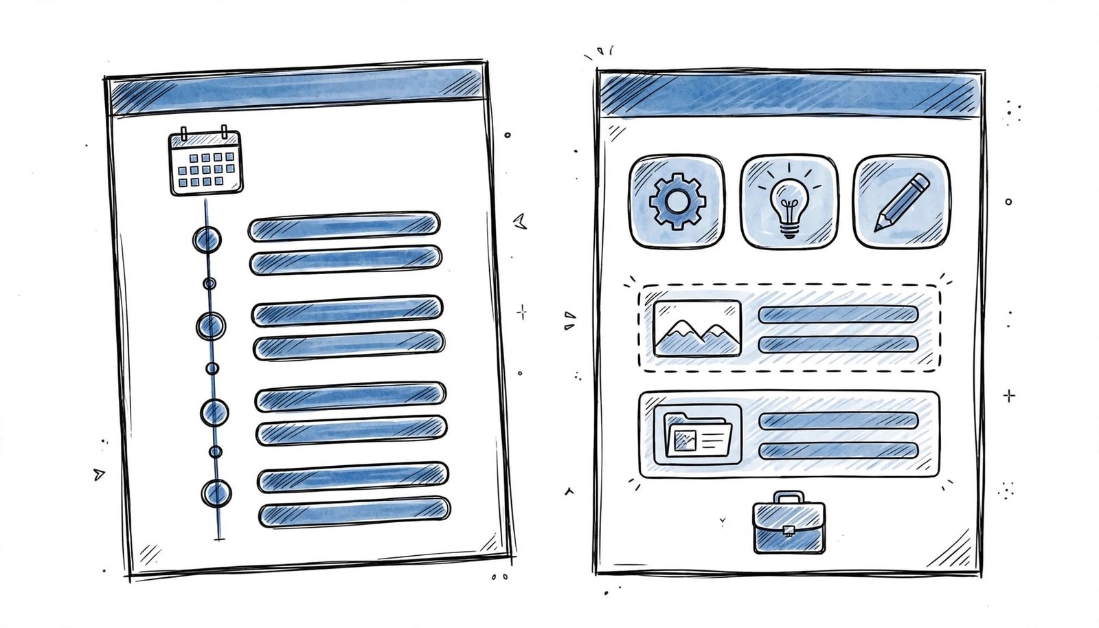 Two resume layouts show a timeline on one page and grouped skills on the other.