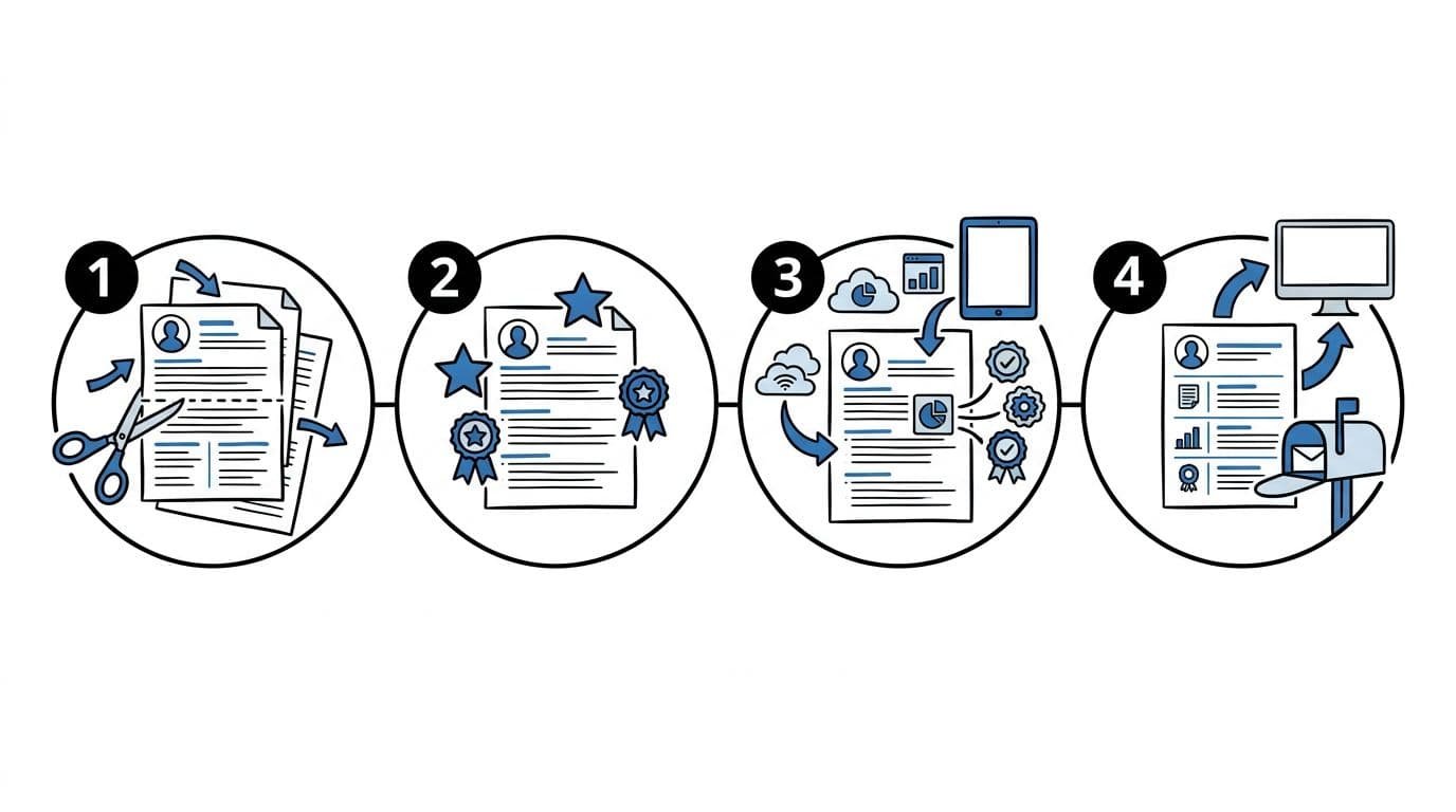 Four symbols show a resume being trimmed, improved, updated, and submitted.
