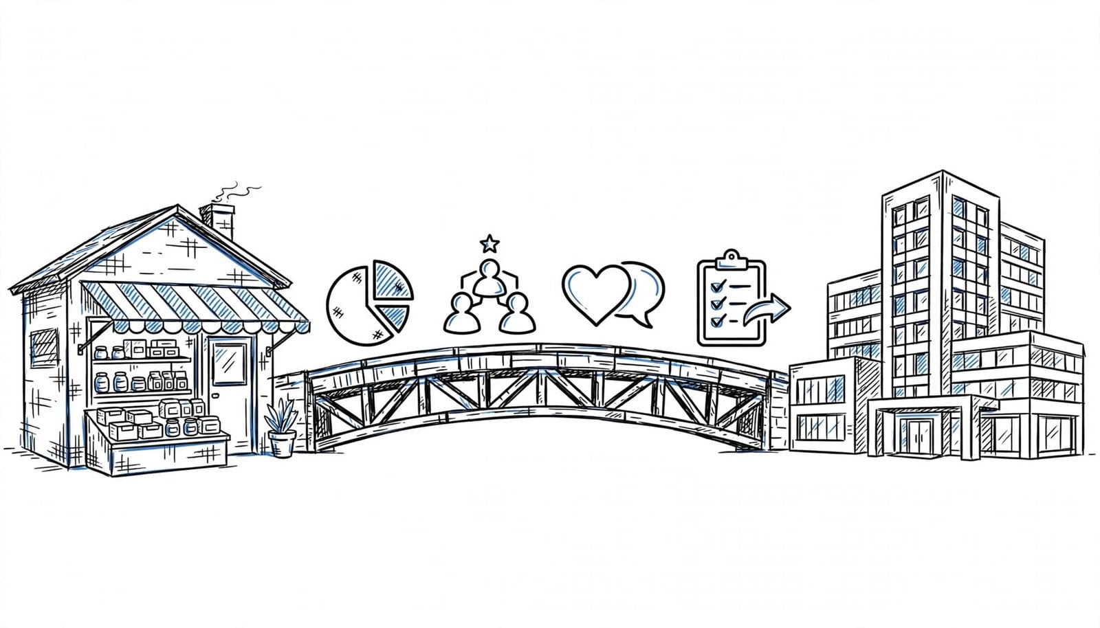A storefront connects to a modern office building by a bridge lined with skill icons.