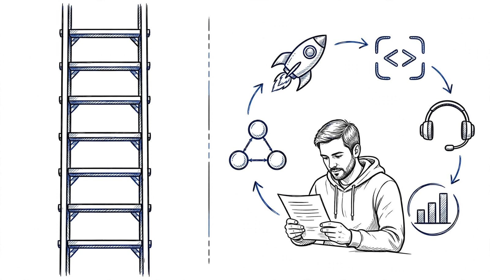 A founder reviews a resume beside icons for startup roles and teamwork.