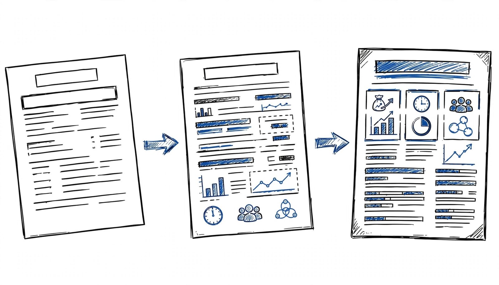 Three resume pages show a shift from basic duties to measurable startup impact.