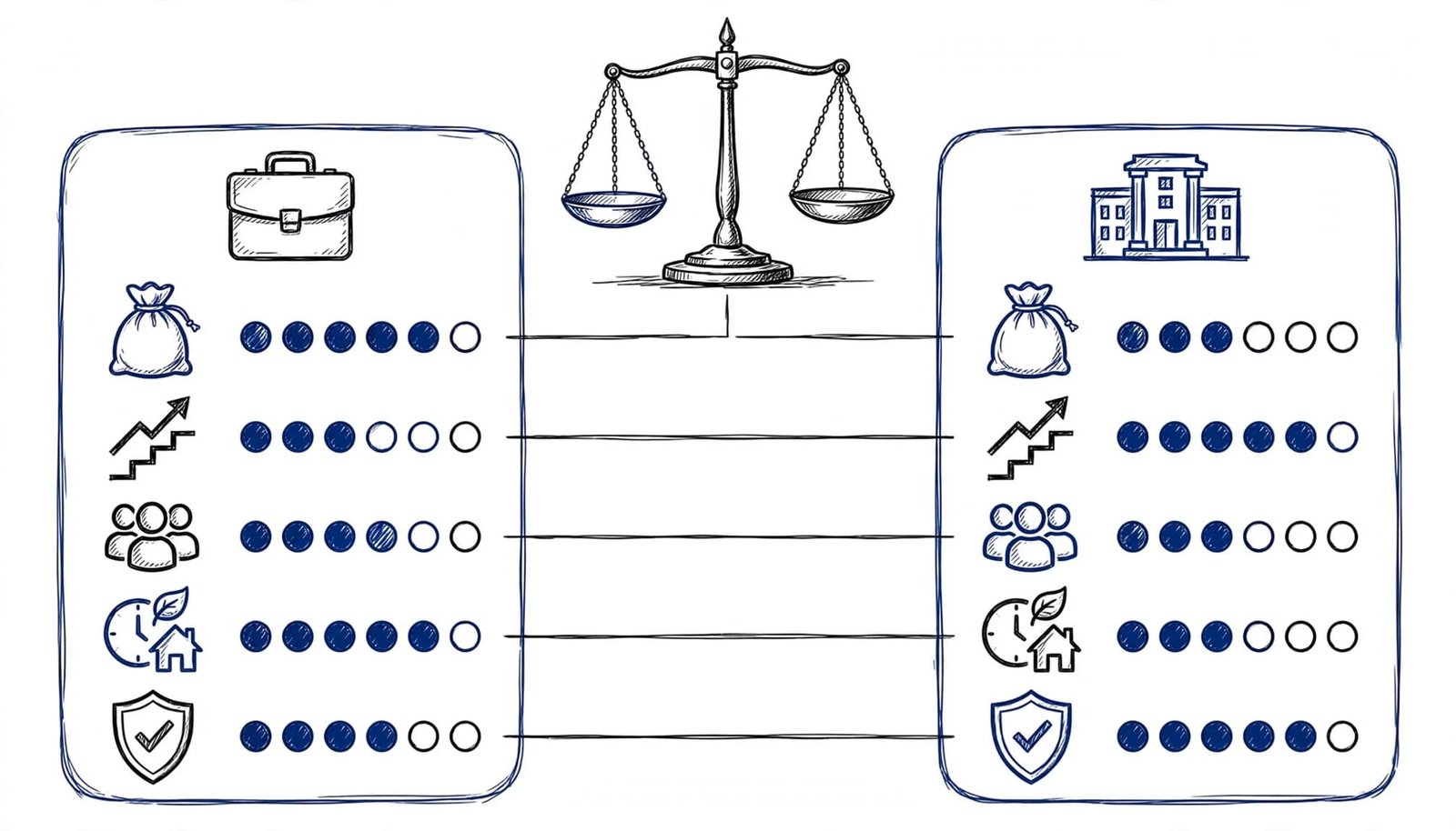 Two job offer cards balanced against career comparison symbols.