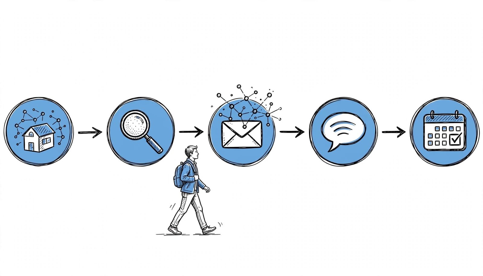 A hand-drawn roadmap shows one person moving through five job outreach stages.
