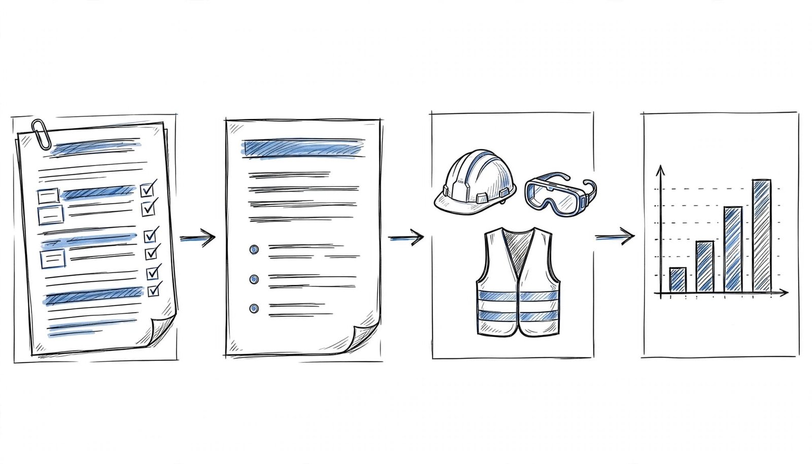A job posting, resume, safety gear, and productivity chart connected in sequence.