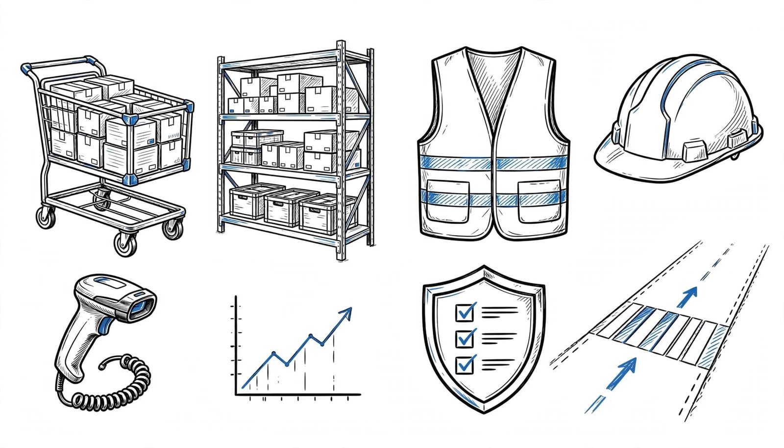 Warehouse tools and a rising chart sit opposite safety gear and a marked walkway.