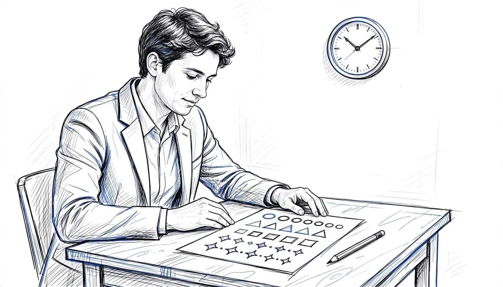 A focused person studies abstract patterns at a table with a pencil and clock nearby.