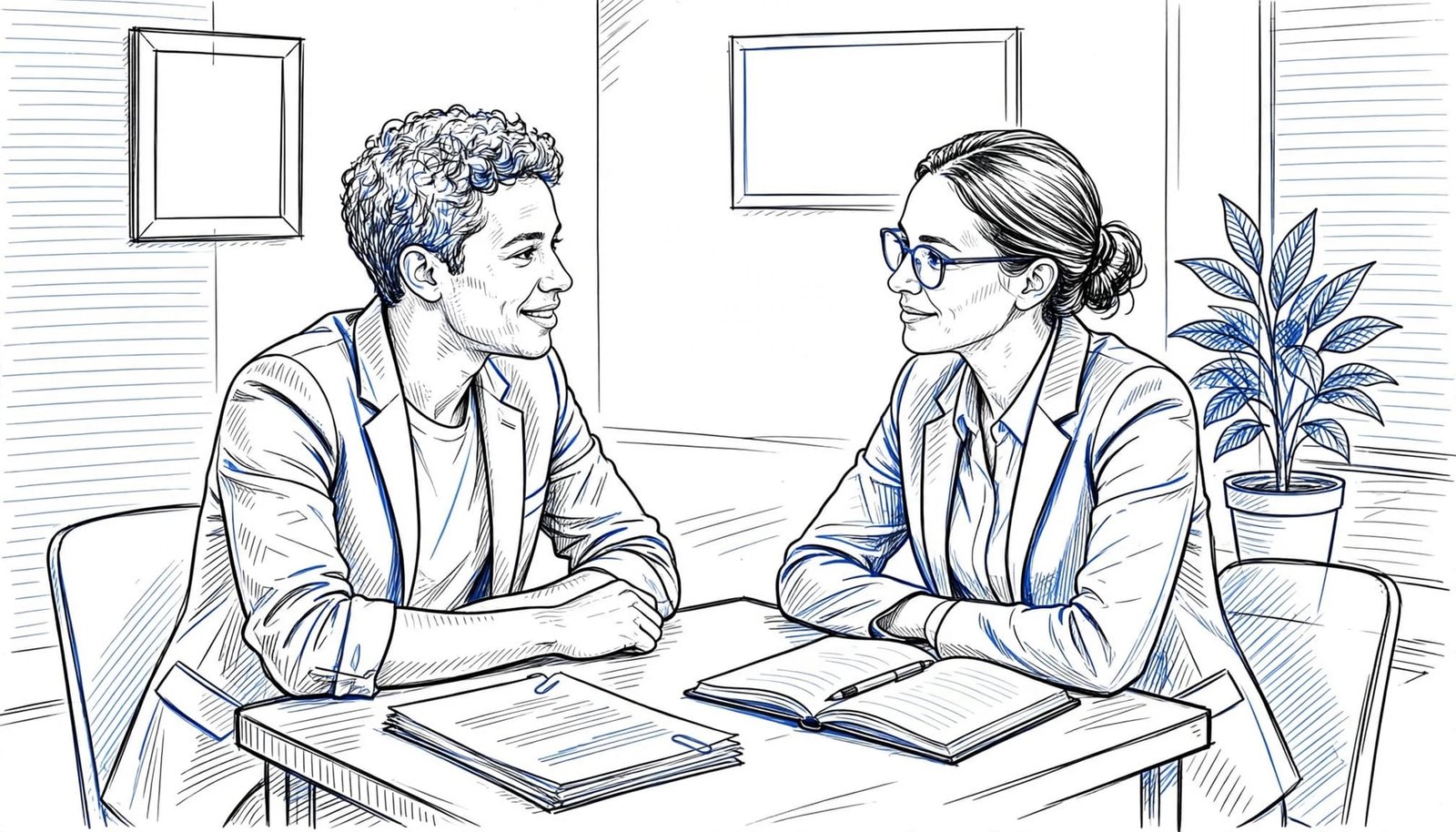 A candidate and interviewer listen across a table with a resume and notebook.