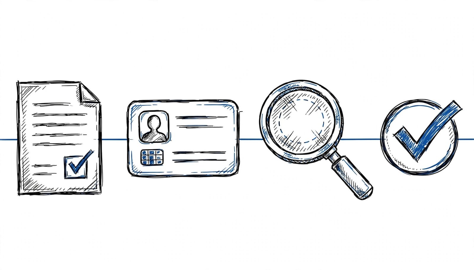 Four blue and black icons show a consent form, ID card, magnifying glass, and checkmark in sequence.