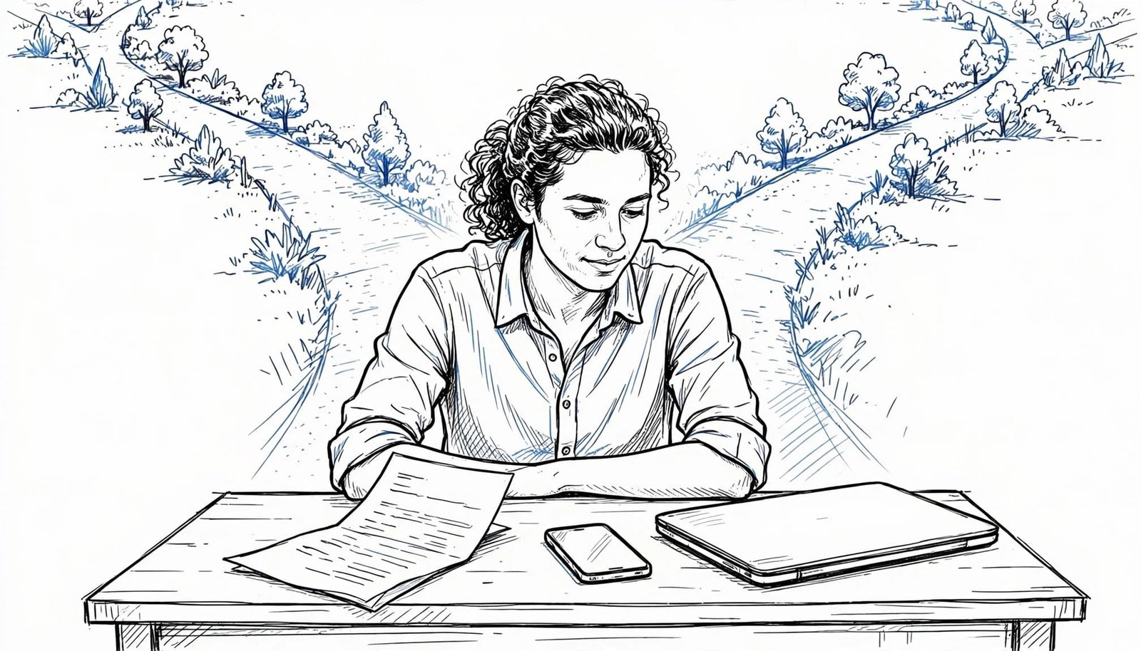 A line art illustration of a person at a table with papers, a phone, and a laptop, against a forked path background.