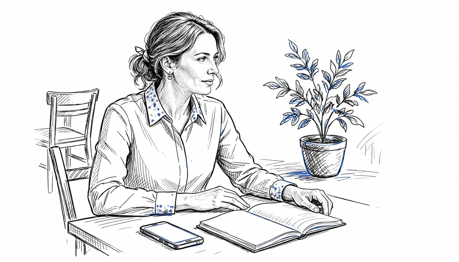 An ink illustration of a woman seated at a table with a phone and a notebook.