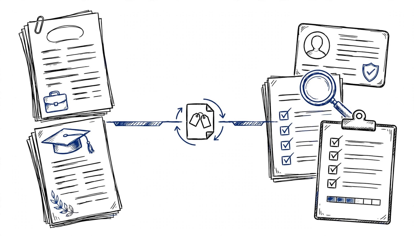A hand-drawn blue and black ink illustration showing resume documents and official paperwork connected by a central icon.
