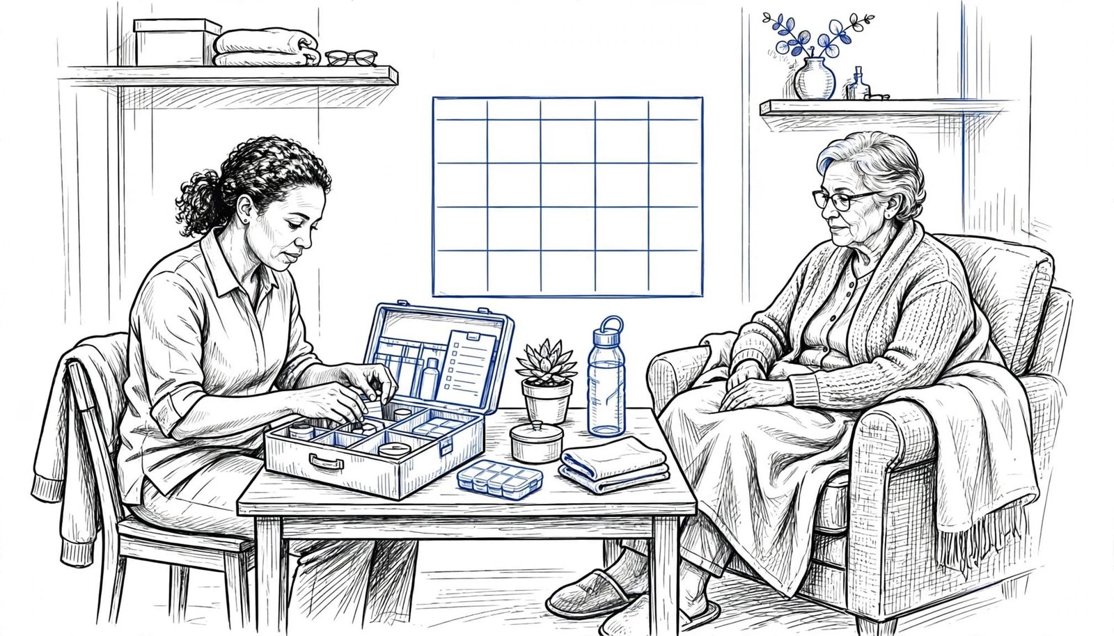 A line art illustration of a caregiver organizing supplies at a table next to an elderly woman seated in a chair.
