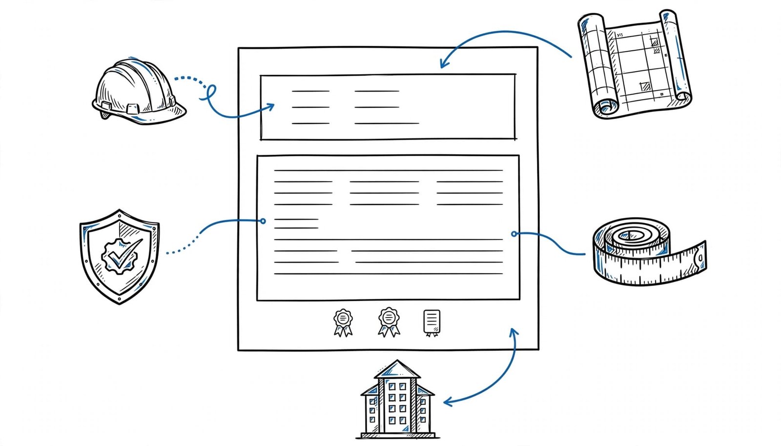 A hand-drawn illustration of a resume sheet surrounded by construction icons.