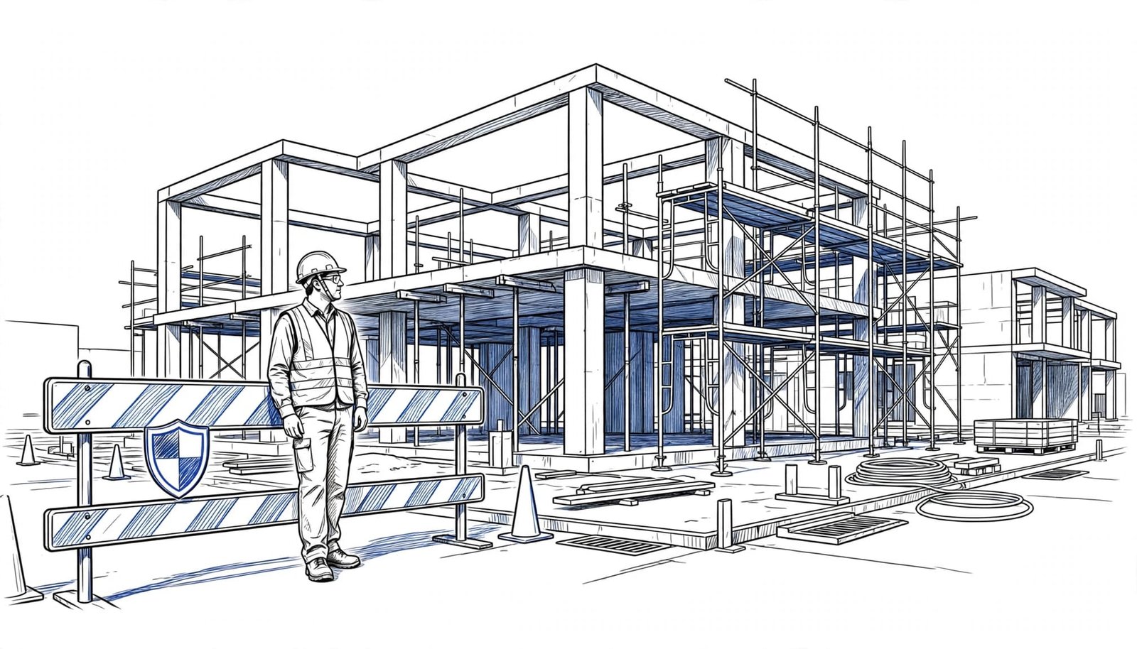 An illustration of a construction worker in a hard hat standing by a safety barrier at a jobsite.