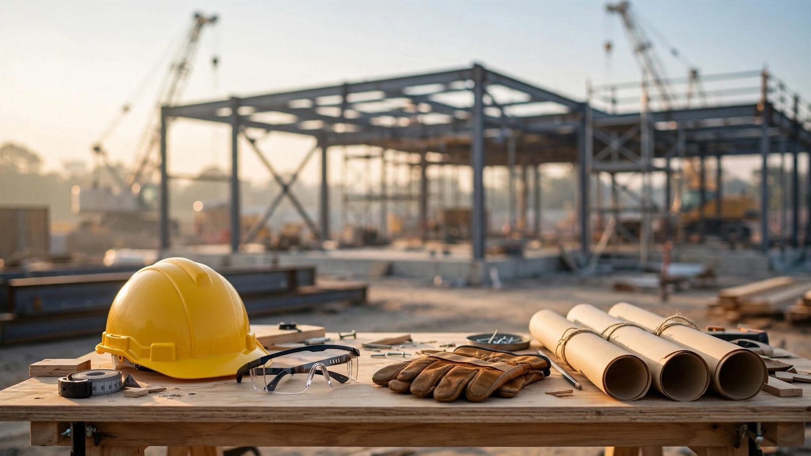 A hard hat, safety glasses, gloves, and site plans rest before a steel-frame construction site.