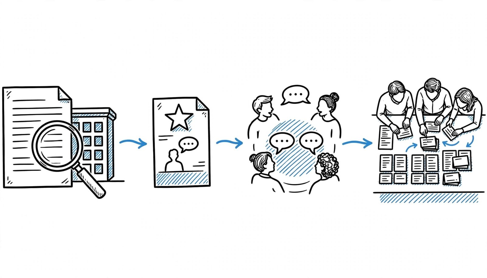 Four interview preparation scenes connect with blue arrows, from research to a team exercise.