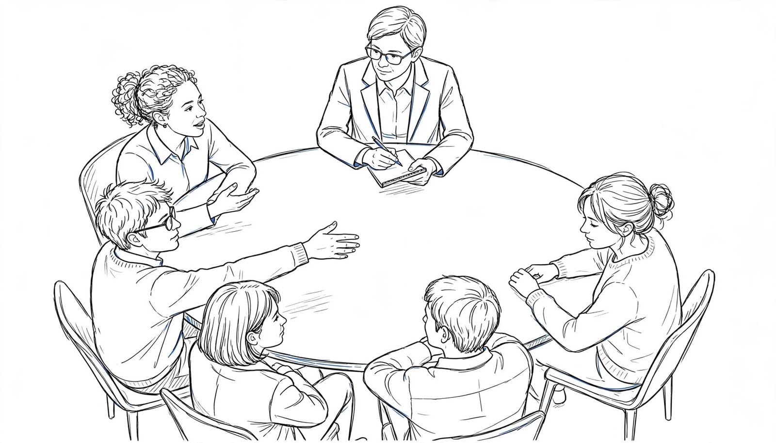 Candidates discuss a question around an oval table as a hiring manager observes.