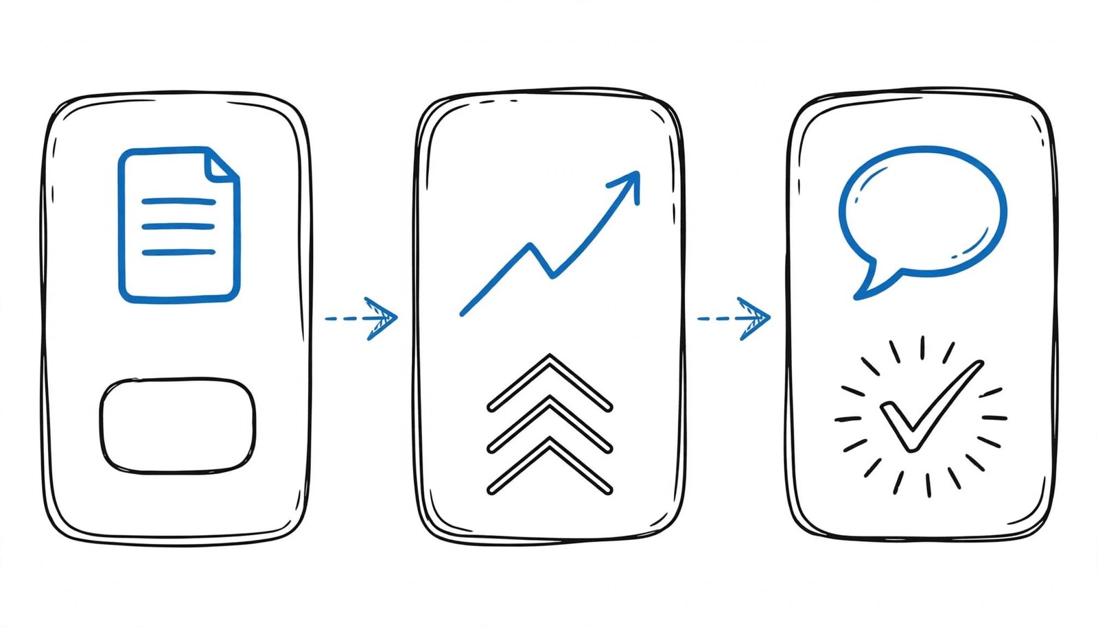 An editorial infographic with three panels showing a document, an upward trend, and a speech bubble with a checkmark.