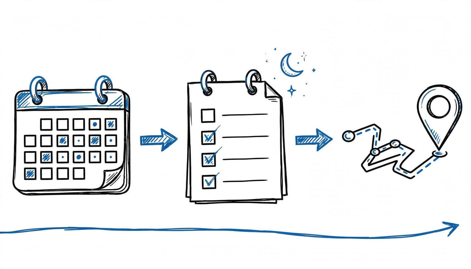 Three illustrated interview preparation stages feature calendars, a checklist, and a transit route.