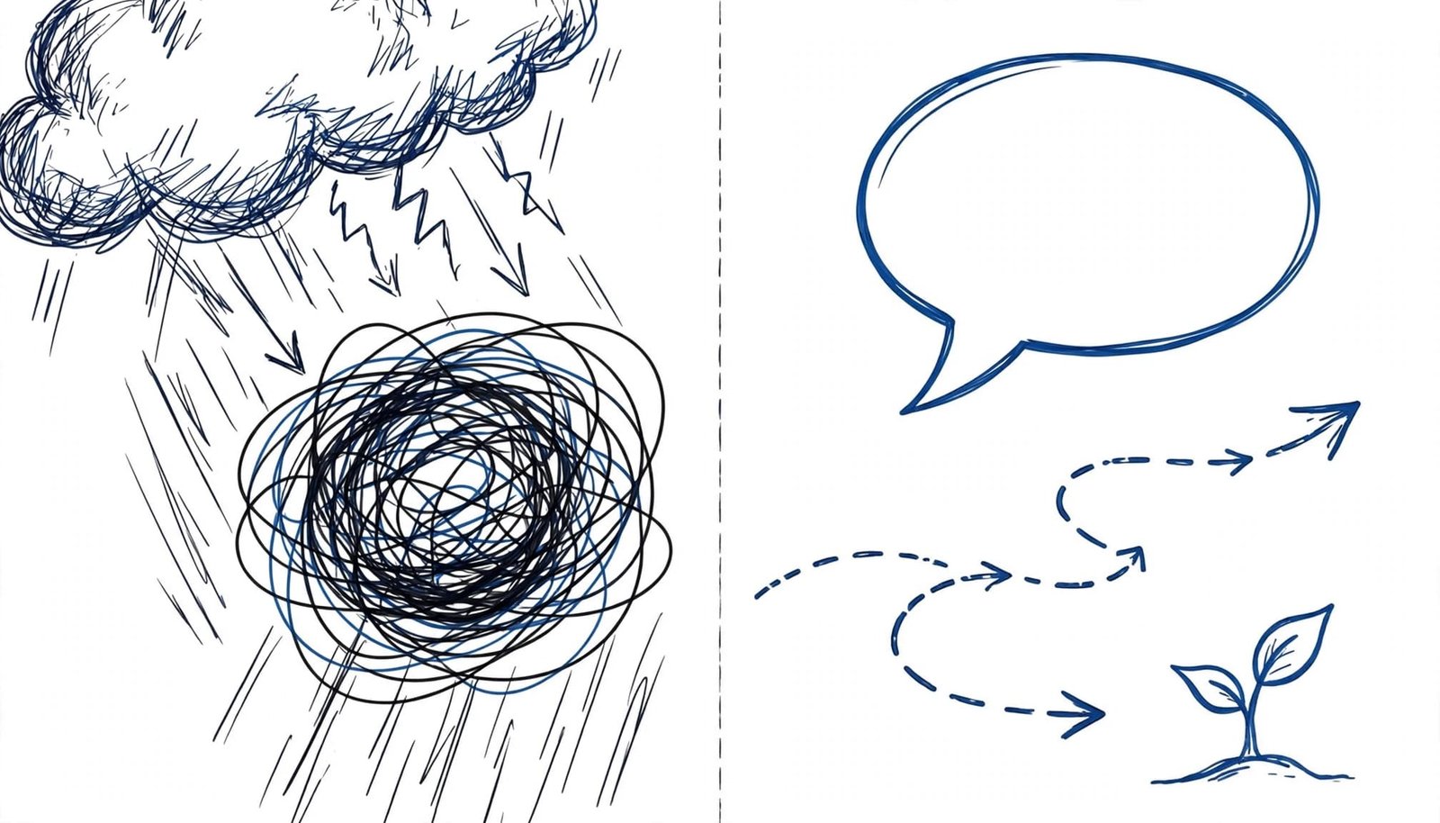 A split illustration comparing a stormy cloud and scribble on the left to a speech bubble and sprout on the right.