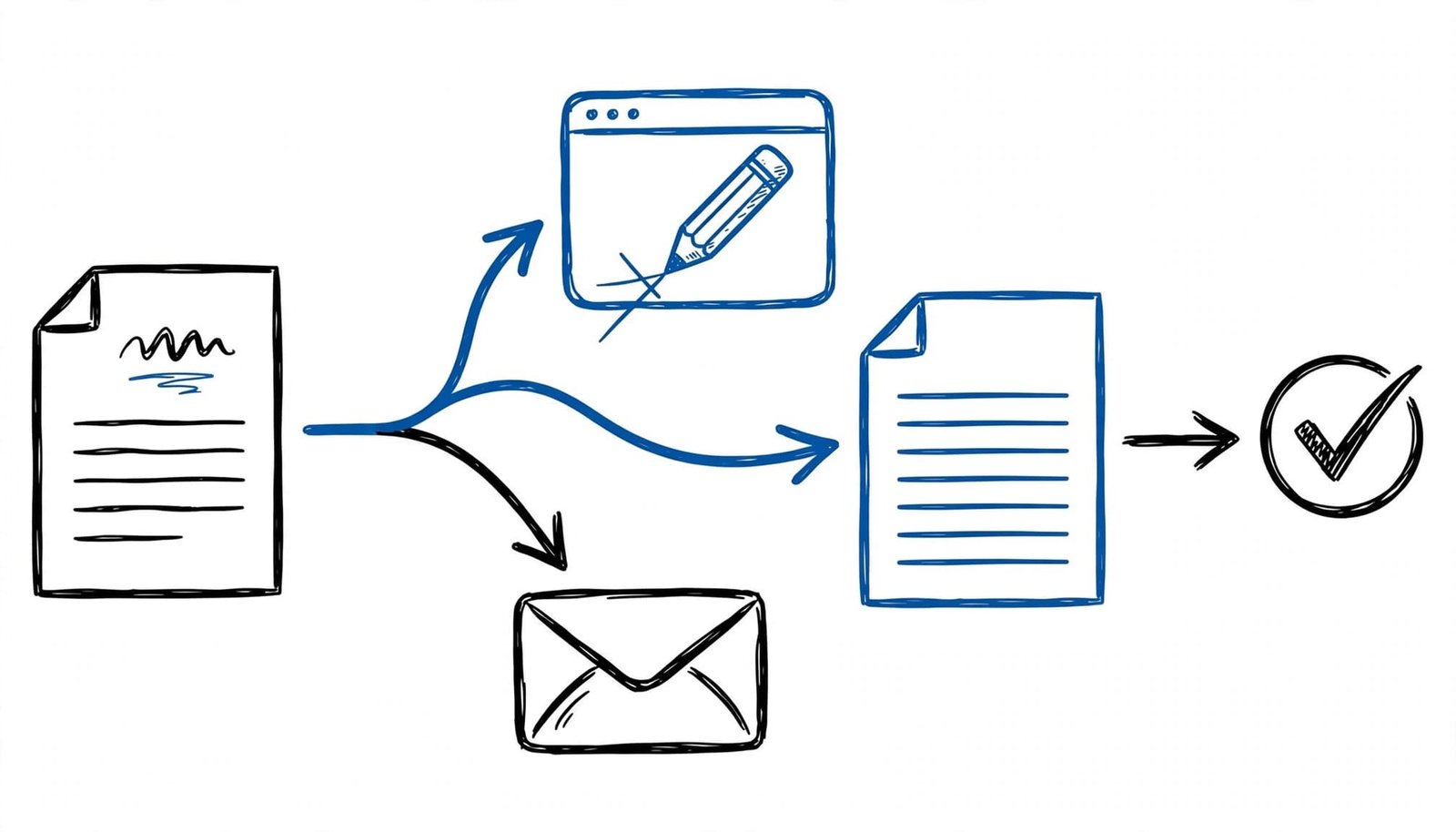 A flawed application branches to portal editing or recruiter email, then ends with a corrected document and checkmark.