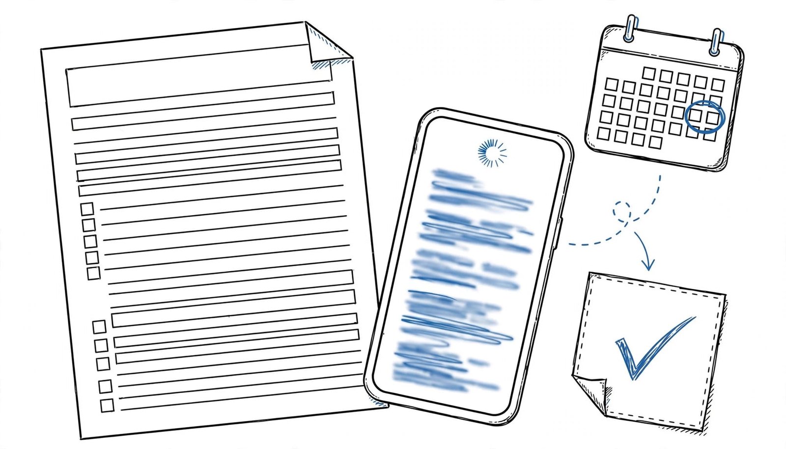 A job application form, phone with an email screen, checked page, and calendar icon.