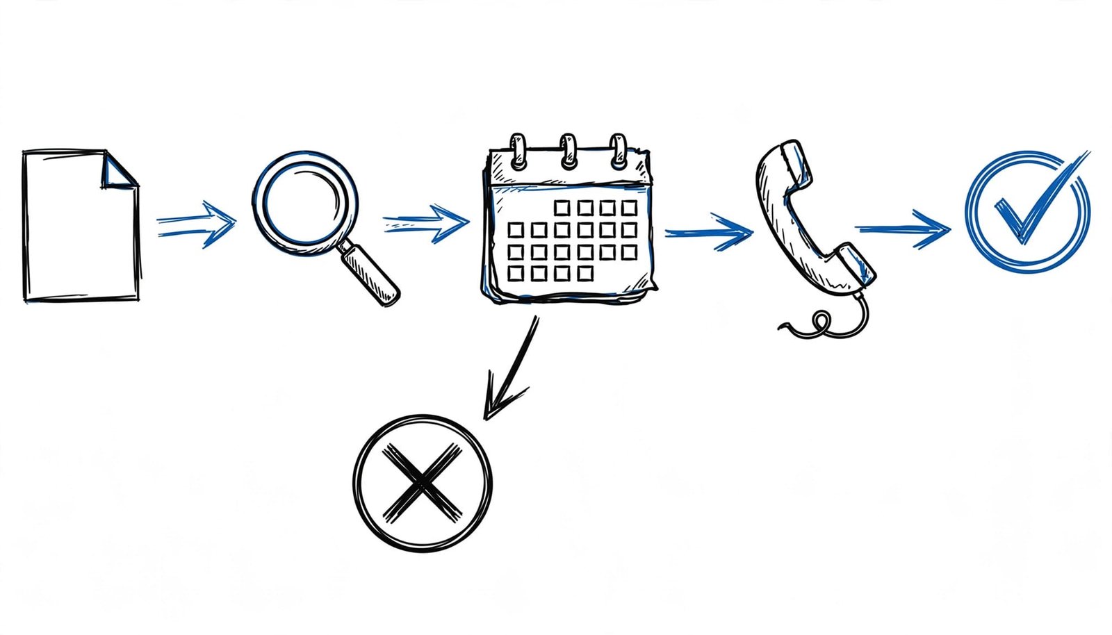 A hand-drawn flowchart with icons for document, magnifying glass, calendar, phone, and checkmark on a white background.