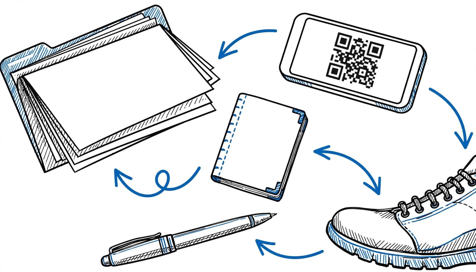 A hand-drawn black and blue illustration showing a job fair kit with a folder, smartphone, notebook, pen, and boot.