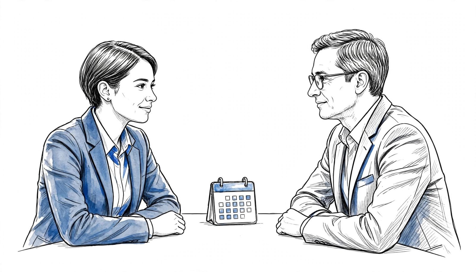 A hand-drawn illustration of two people seated across a table with a calendar icon between them.