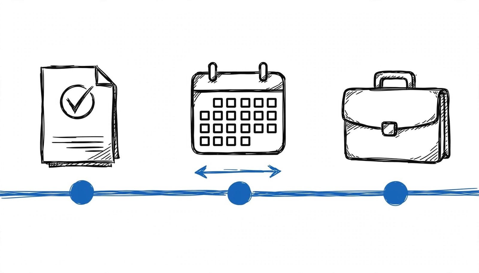 A hand-drawn timeline illustration showing a signed document, a calendar, and a briefcase.