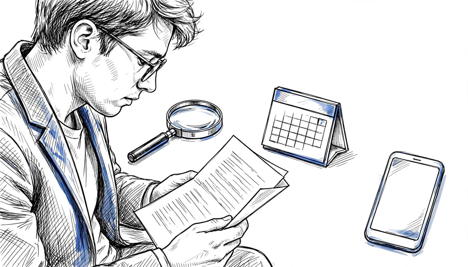 A hand-drawn black and blue ink illustration of a person reading a document.