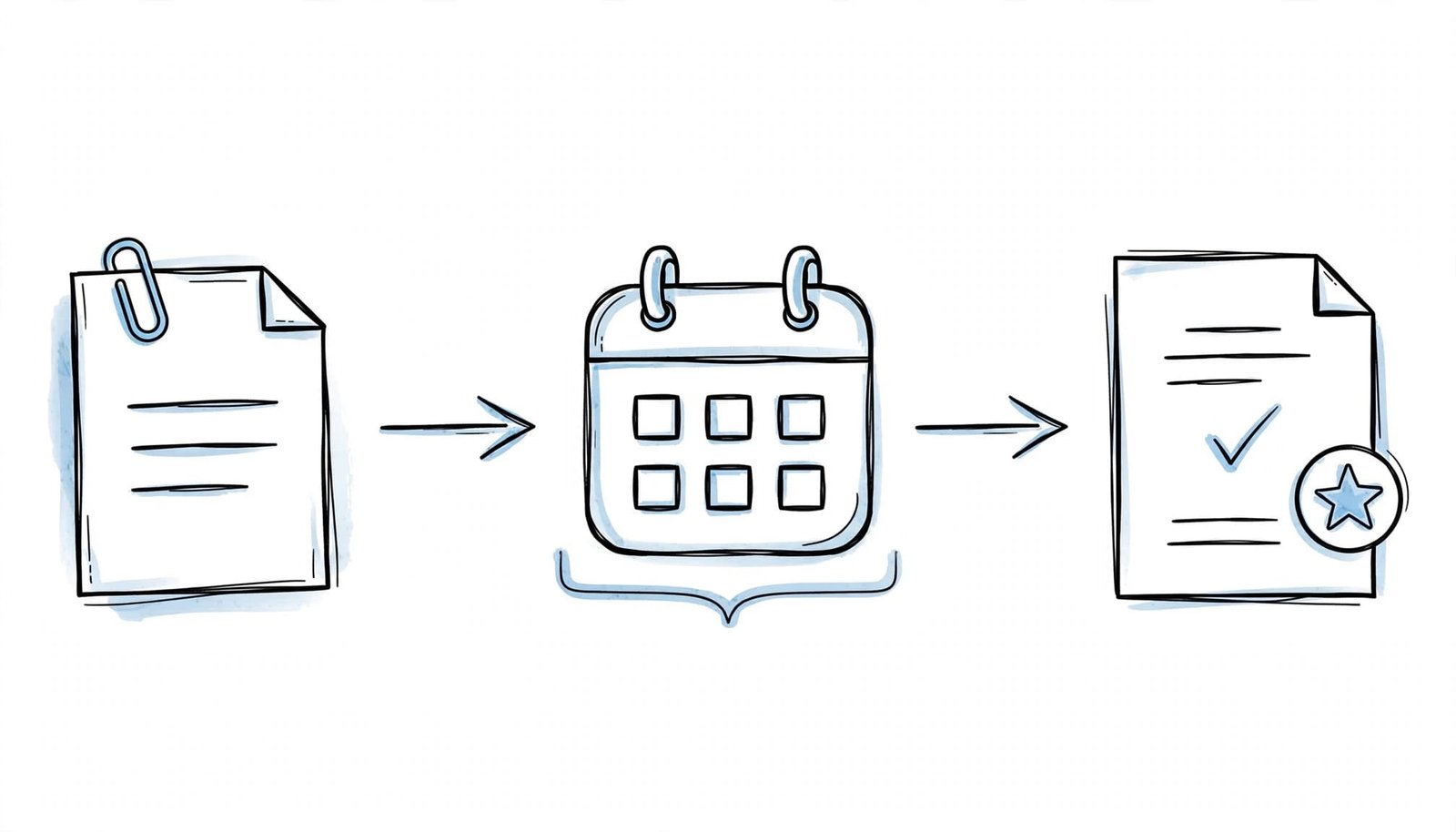 A hand-drawn infographic illustration showing a document, a calendar, and a resume with a star badge connected by arrows.