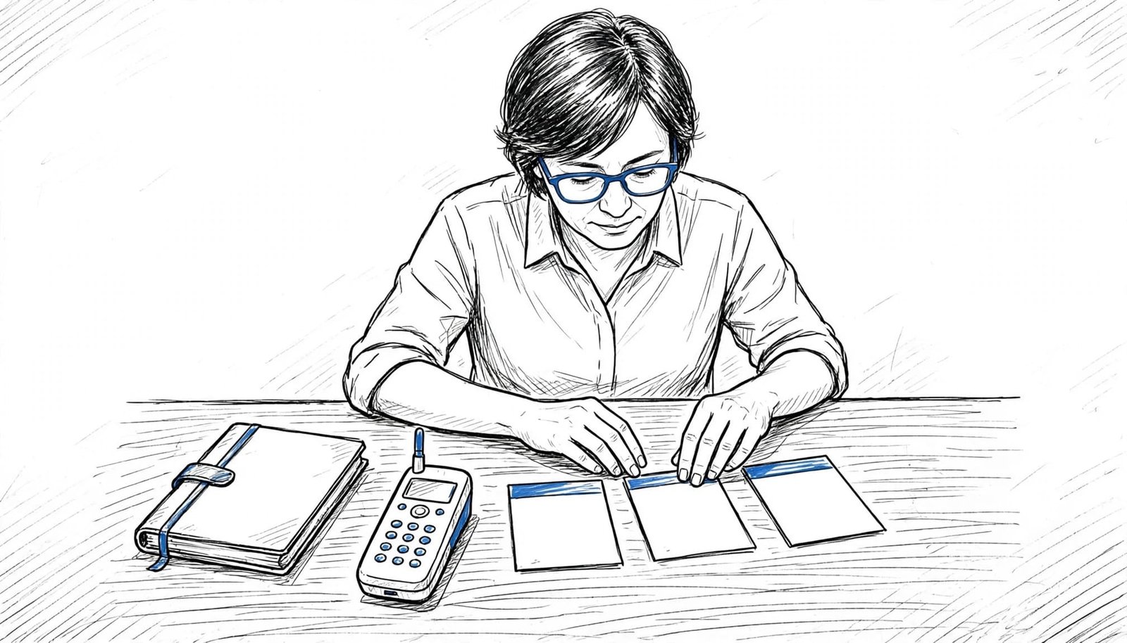 A person sits at a table with a notebook, phone, and three reference cards.