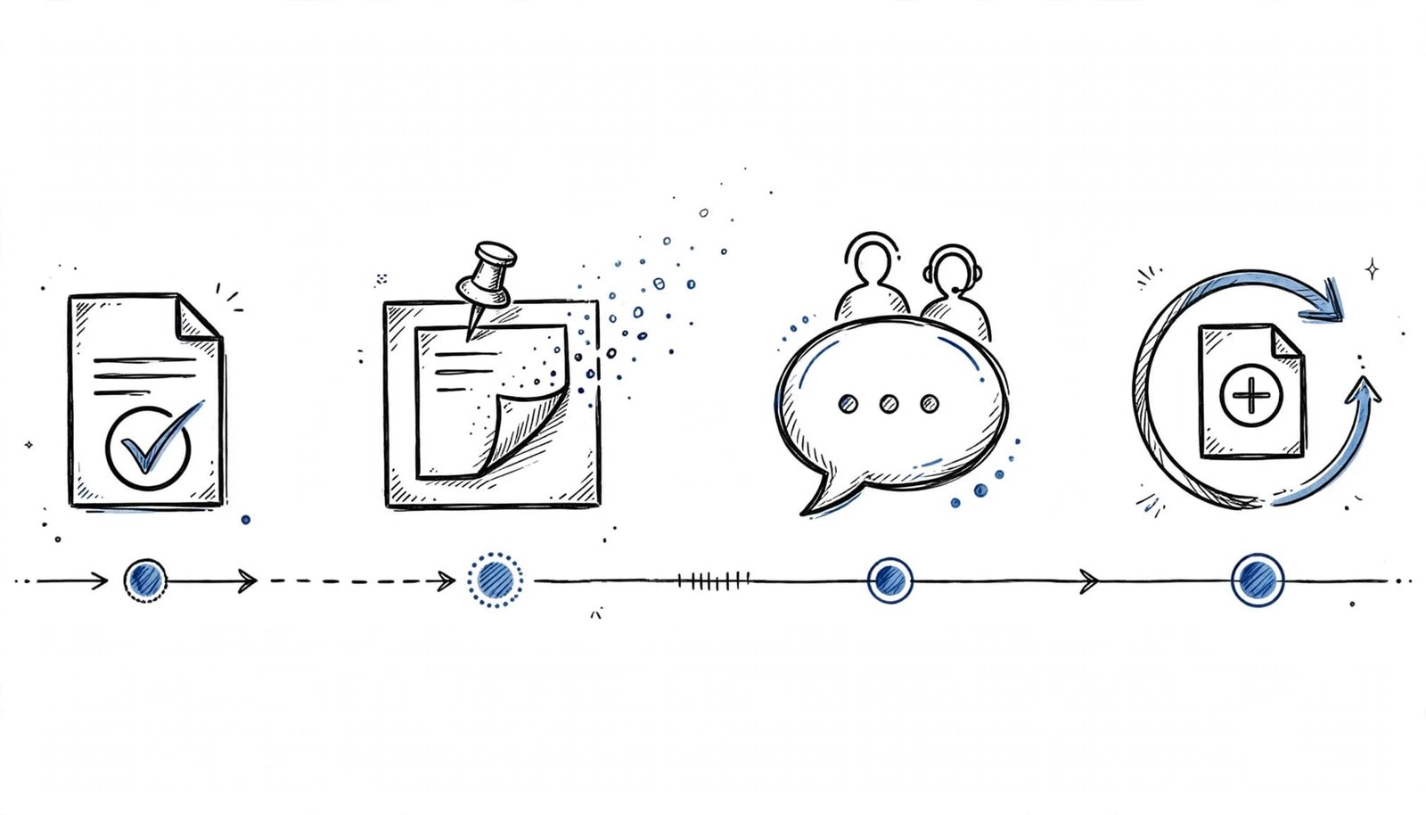 A hand-drawn infographic showing a four-step job search timeline with icons.