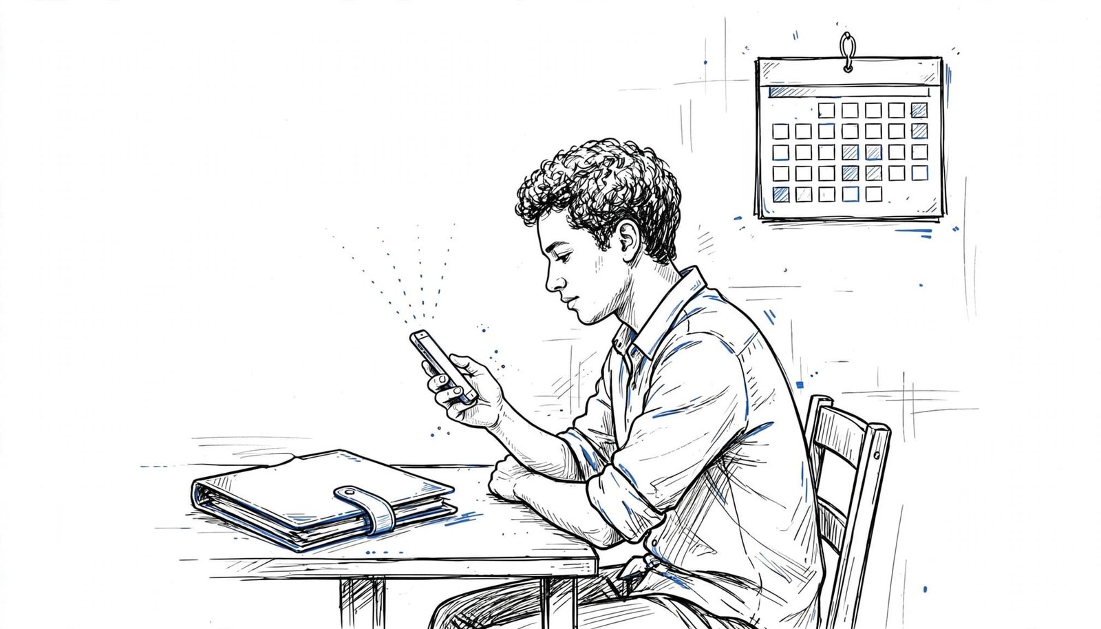 A black and blue ink sketch of a person sitting at a desk looking at a smartphone.