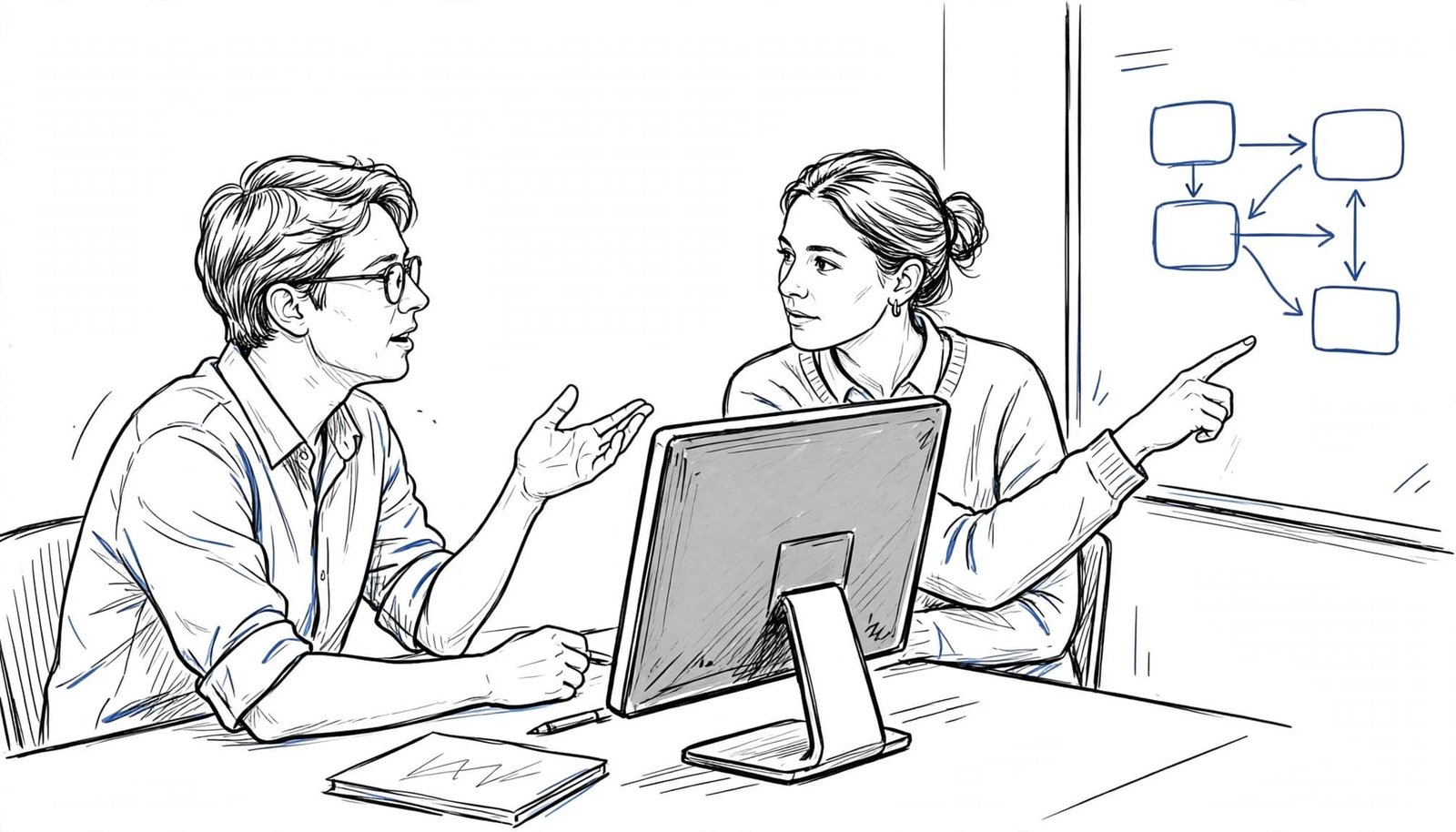 Two people collaborate at a monitor beside a whiteboard diagram.