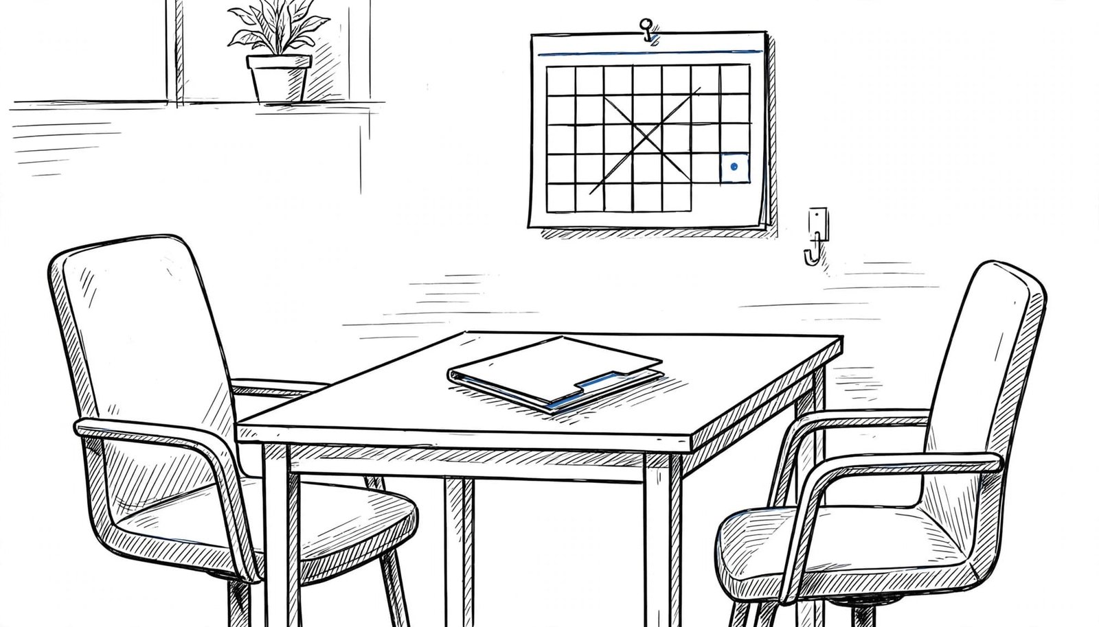 A hand-drawn illustration of an empty meeting room with a table, two chairs, a folder, and a calendar.