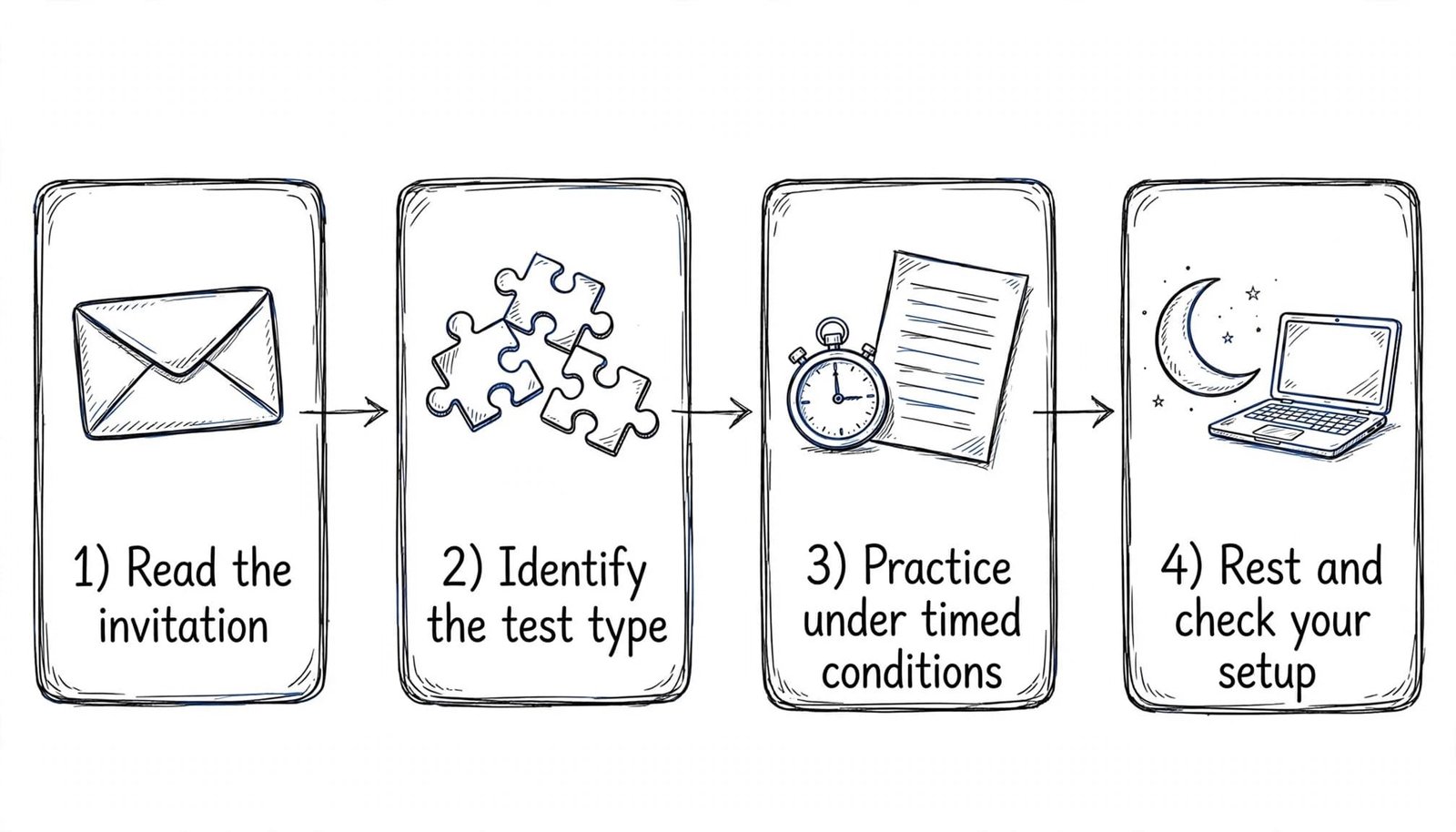 Four illustrated panels show steps for preparing for a pre-employment assessment.