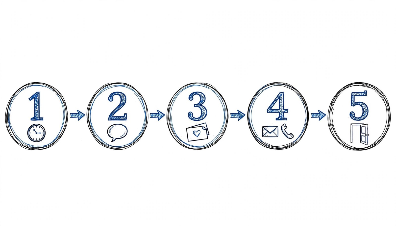 An infographic showing five numbered steps from one to five with blue icons in circles.