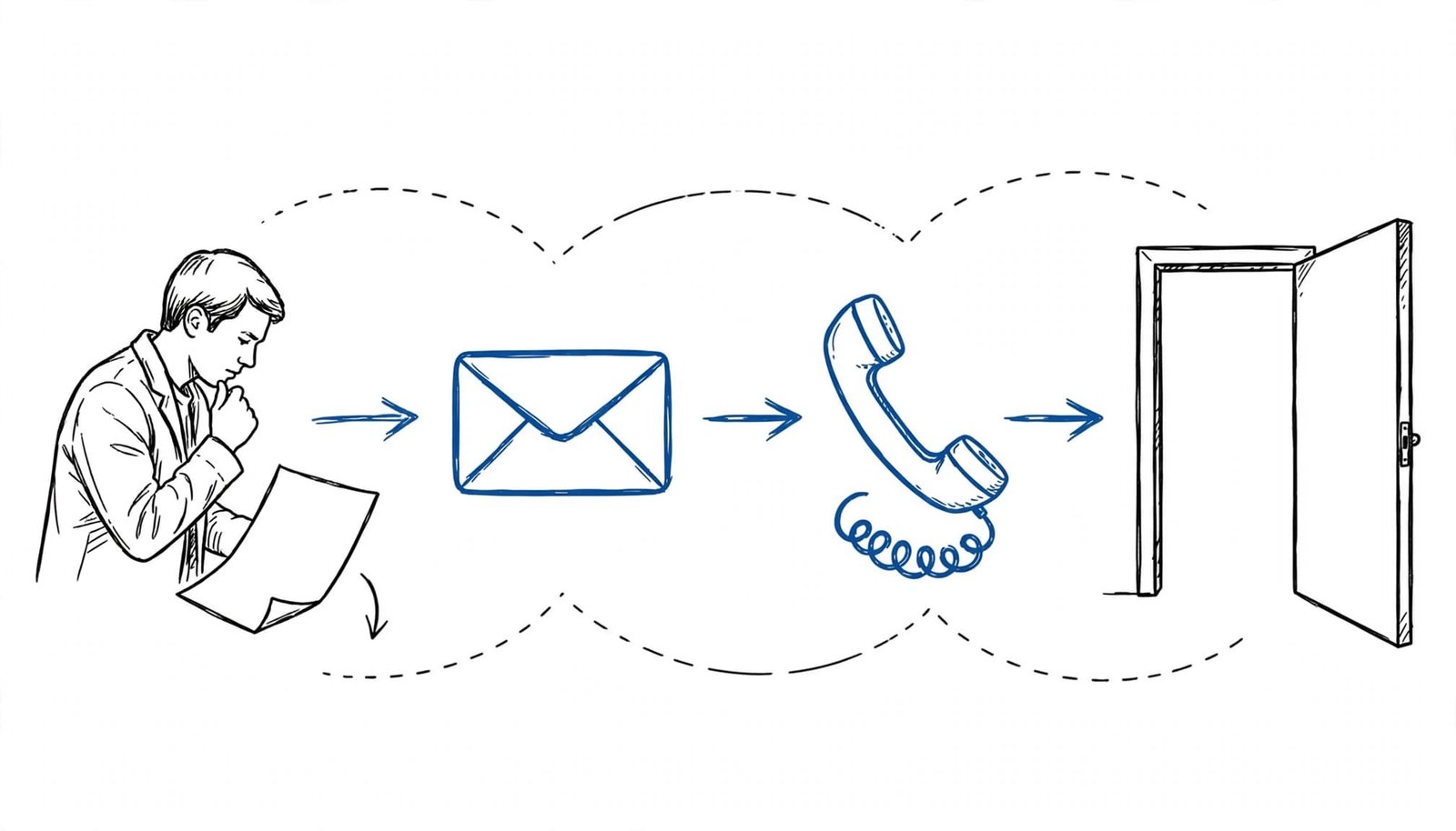 A hand-drawn career infographic showing a man looking at a paper, an email icon, a phone icon, and an open door.