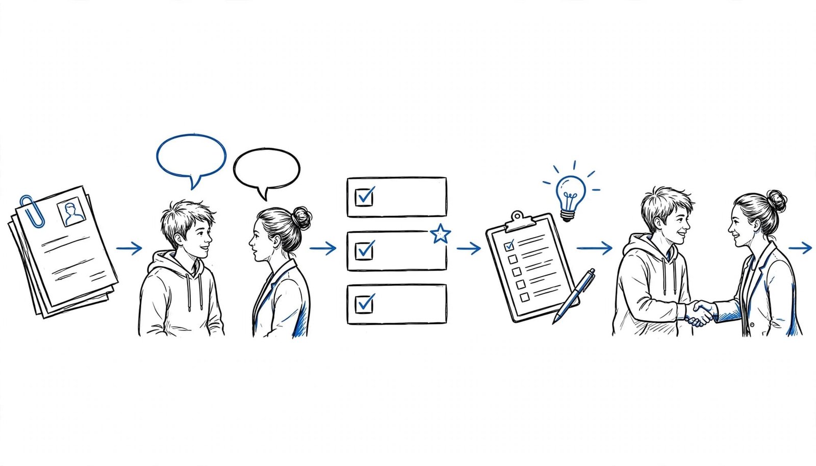 An editorial illustration showing a left-to-right recruitment process sequence in black and blue line art.