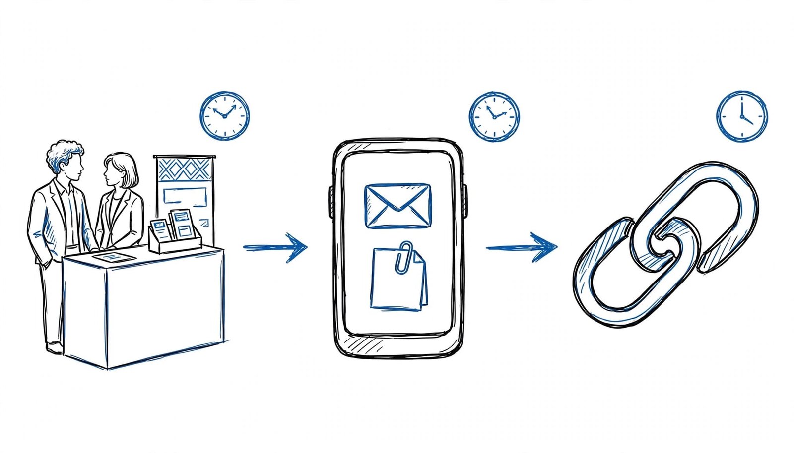 A three-stage line illustration showing a recruiter booth, a phone with an email, and a link icon.