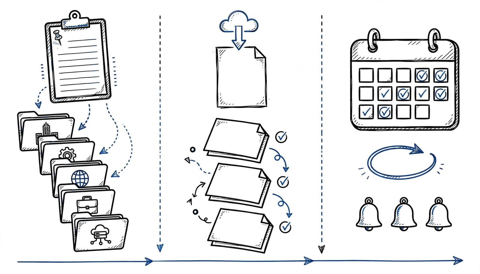 A hand-drawn infographic in black and blue ink illustrating job-search lanes with folders, a calendar, and icons.