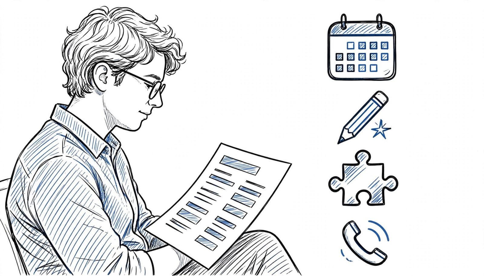 A hand-drawn black-and-blue illustration of a person reviewing a resume, next to icons for a calendar, pencil, puzzle, and phone.