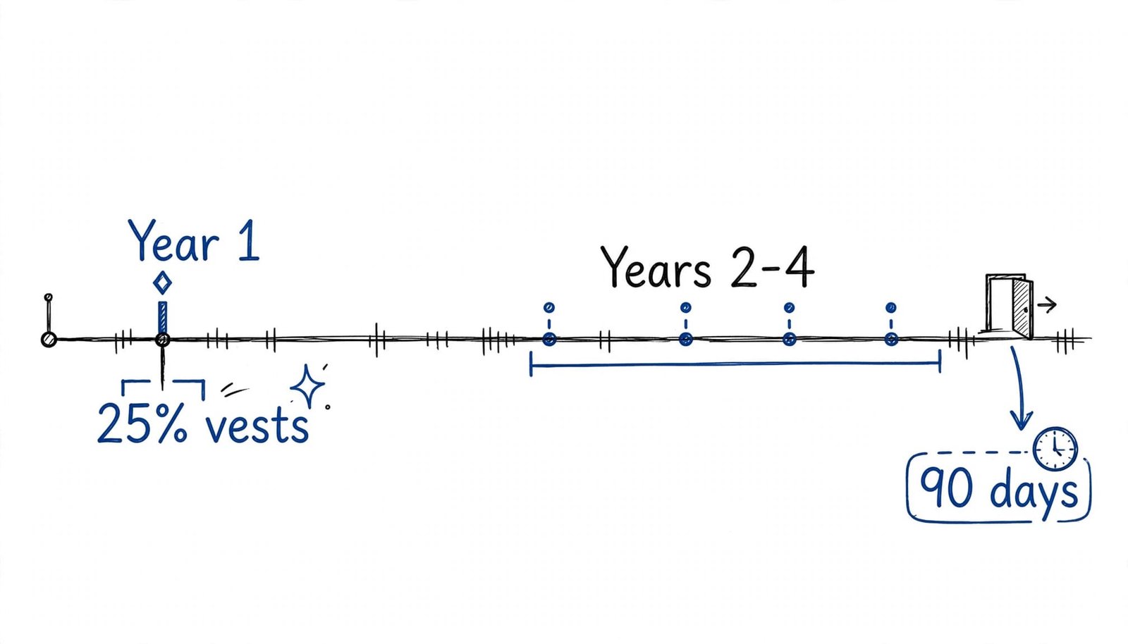 An infographic showing a stock-option timeline with text labels Year 1, 25% vests, Years 2-4, and 90 days.