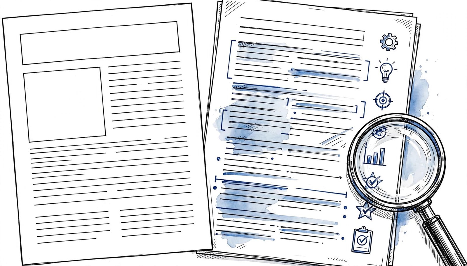 A hand-drawn illustration of two resume sheets side by side with a magnifying glass.