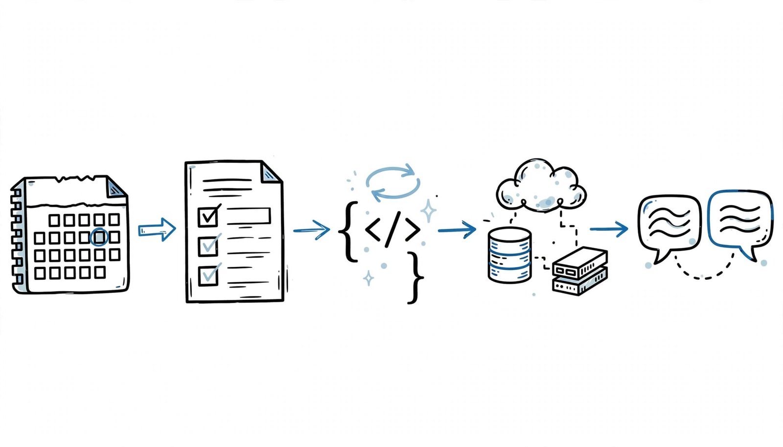Arrows connect a calendar, job description, coding symbols, architecture sketch, and interview conversation.